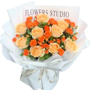 Treelove | Indoor Plants, Outdoor Plants, Hanging, Flowering, Fruit Plants, Ceramic and Glass Pots and Vases. 29 Roses Bouquet _ Champagne and Orange colors